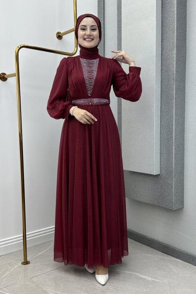 Amaris simli abiye  Bordo