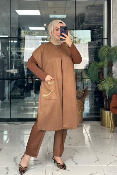 Süet Tasarım Yelek Taba