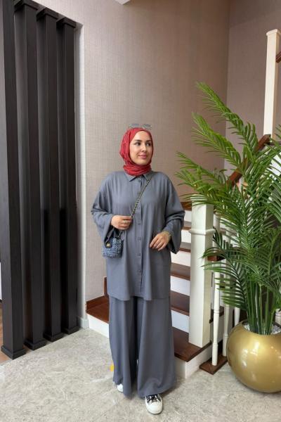 Cep Detaylı Keten Takım Füme
