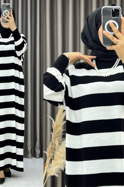 Elya Çizgili Elbise Siyah Siyah