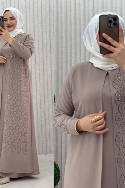 Hanedan Kapaklı Abiye Elbise Taş Rengi