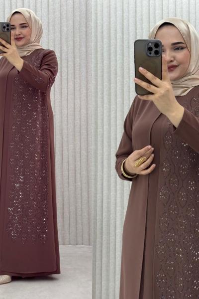 Hanedan Kapaklı Abiye Elbise Taba