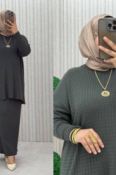 Songül Saç Örgülü Takım  Haki