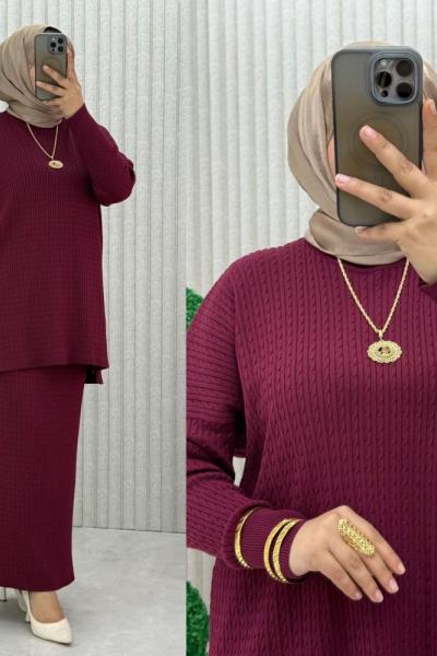 Songül Saç Örgülü Takım  Bordo