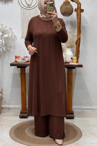 İREMONİ TAŞLI TAKIM Kahverengi